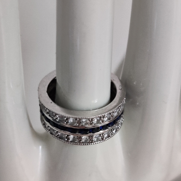 Dazzling Three Row Sterling Silver Band Ring 💍with CZ and Sapphires - Picture 13 of 15